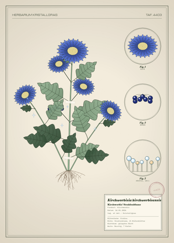 Botanische Tafel: Kirchworbisia kirchworbisensis, eine erfundene Pflanze aus Kirchworbis, gezeichnet wie in einem alten Pflanzenatlas