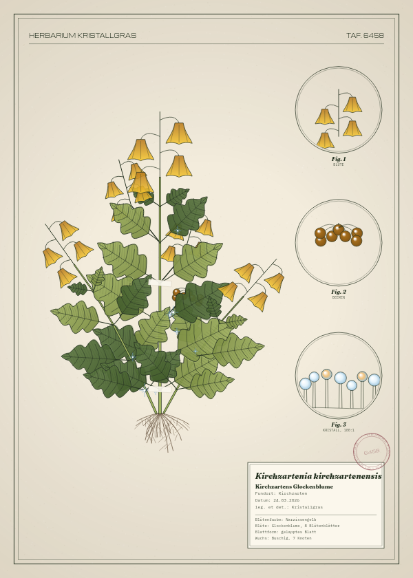 Botanische Tafel: Kirchzartenia kirchzartenensis, eine erfundene Pflanze aus Kirchzarten, gezeichnet wie in einem alten Pflanzenatlas