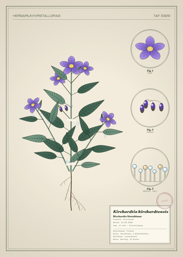 Botanische Tafel: Kirchardtia kirchardtensis, eine erfundene Pflanze aus Kirchardt, gezeichnet wie in einem alten Pflanzenatlas