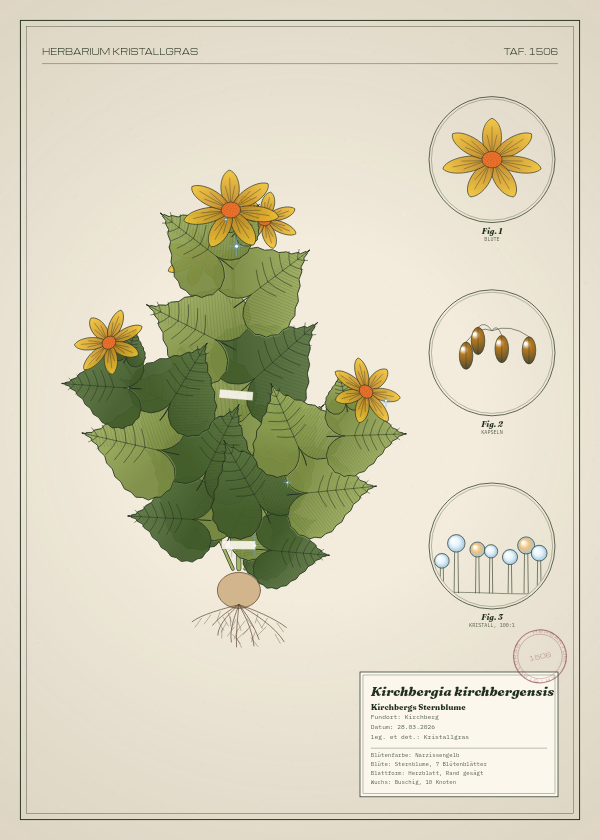 Botanische Tafel: Kirchbergia kirchbergensis, eine erfundene Pflanze aus Kirchberg, gezeichnet wie in einem alten Pflanzenatlas