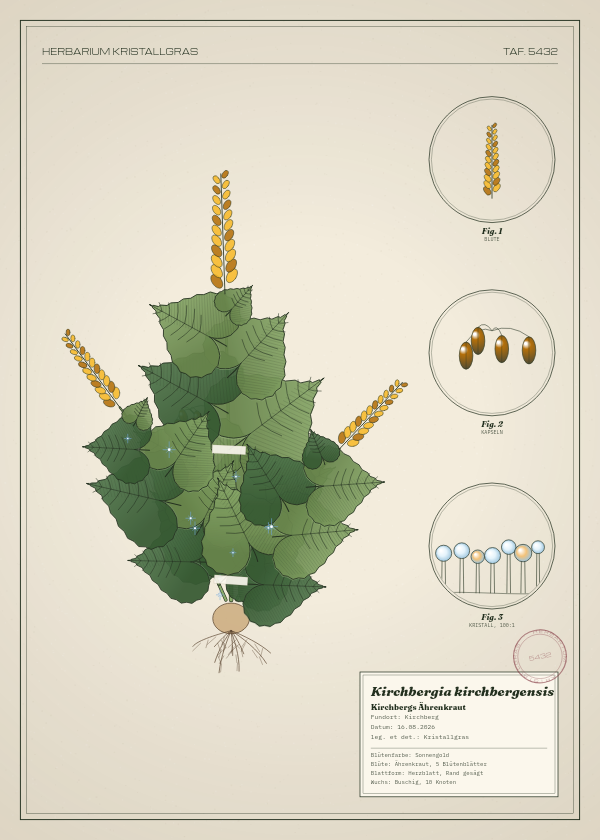 Botanische Tafel: Kirchbergia kirchbergensis, eine erfundene Pflanze aus Kirchberg, gezeichnet wie in einem alten Pflanzenatlas