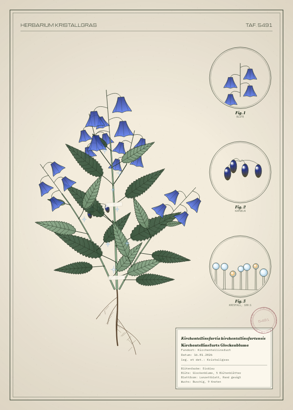 Botanische Tafel: Kirchentellinsfurtia kirchentellinsfurtensis, eine erfundene Pflanze aus Kirchentellinsfurt, gezeichnet wie in einem alten Pflanzenatlas