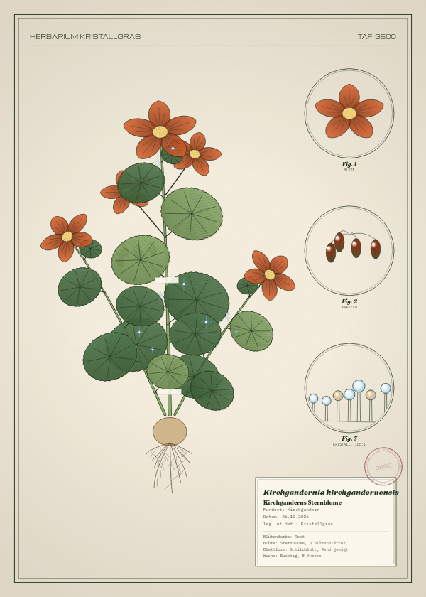 Botanische Tafel: Kirchgandernia kirchgandernensis, eine erfundene Pflanze aus Kirchgandern, gezeichnet wie in einem alten Pflanzenatlas