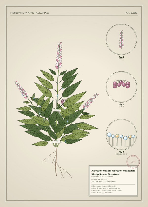 Botanische Tafel: Kirchgellersenia kirchgellersenensis, eine erfundene Pflanze aus Kirchgellersen, gezeichnet wie in einem alten Pflanzenatlas