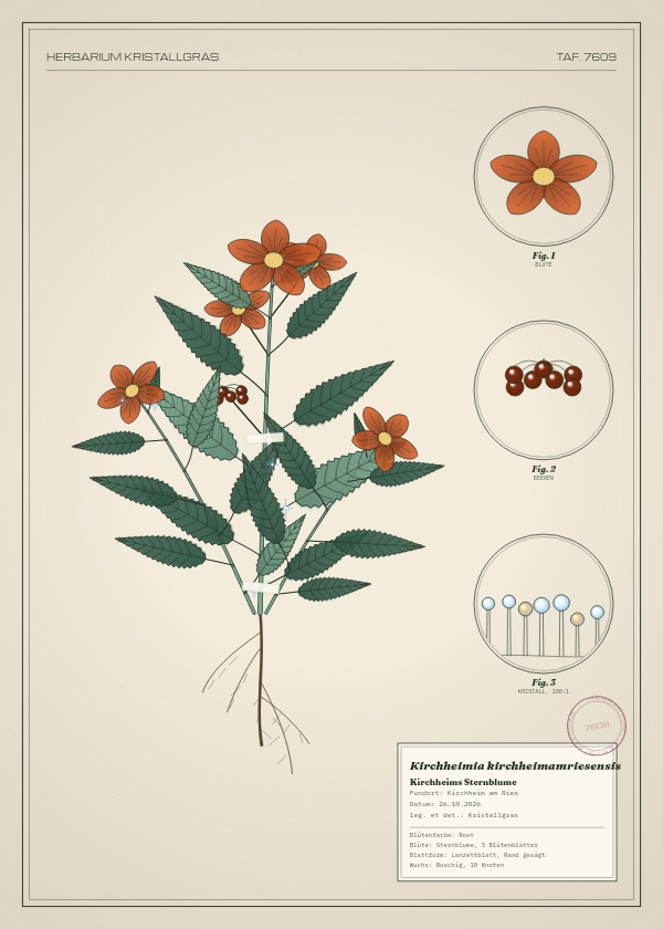 Botanische Tafel: Kirchheimia kirchheimamriesensis, eine erfundene Pflanze aus Kirchheim am Ries, gezeichnet wie in einem alten Pflanzenatlas