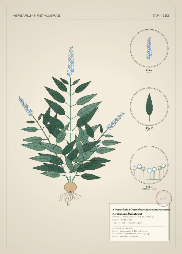 Botanische Tafel: Kirchheimia kirchheimanderweinstrassensis, eine erfundene Pflanze aus Kirchheim an der Weinstraße, gezeichnet wie in einem alten Pflanzenatlas