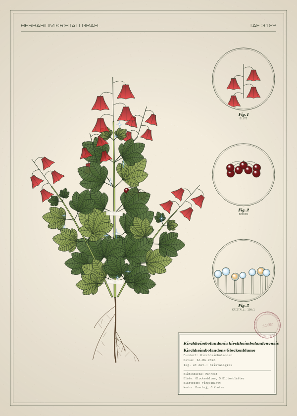 Botanische Tafel: Kirchheimbolandenia kirchheimbolandenensis, eine erfundene Pflanze aus Kirchheimbolanden, gezeichnet wie in einem alten Pflanzenatlas