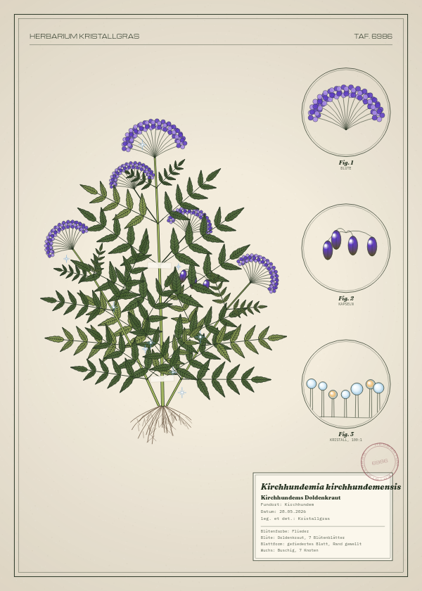 Botanische Tafel: Kirchhundemia kirchhundemensis, eine erfundene Pflanze aus Kirchhundem, gezeichnet wie in einem alten Pflanzenatlas