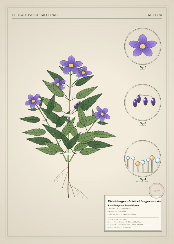 Botanische Tafel: Kirchlengernia kirchlengernensis, eine erfundene Pflanze aus Kirchlengern, gezeichnet wie in einem alten Pflanzenatlas