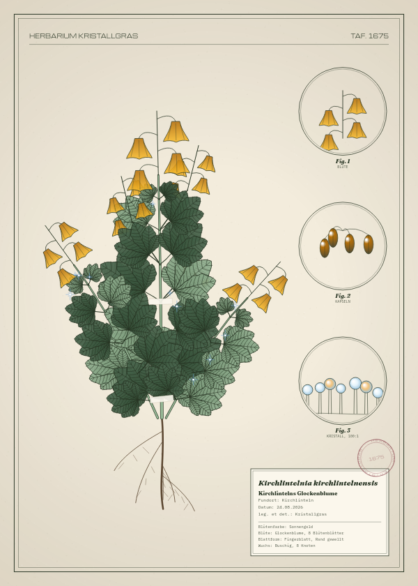 Botanische Tafel: Kirchlintelnia kirchlintelnensis, eine erfundene Pflanze aus Kirchlinteln, gezeichnet wie in einem alten Pflanzenatlas