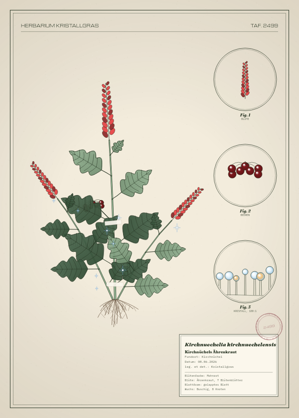 Botanische Tafel: Kirchnuechelia kirchnuechelensis, eine erfundene Pflanze aus Kirchnüchel, gezeichnet wie in einem alten Pflanzenatlas