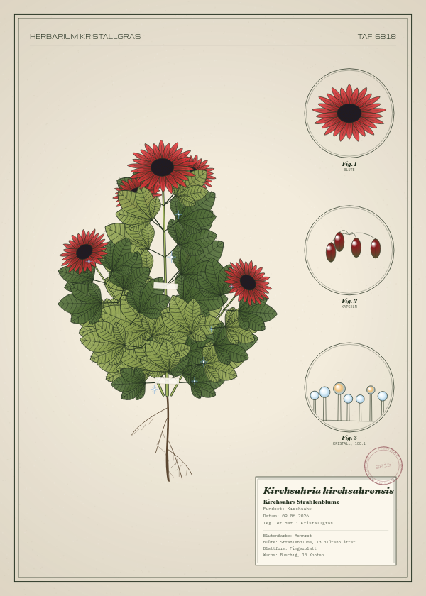 Botanische Tafel: Kirchsahria kirchsahrensis, eine erfundene Pflanze aus Kirchsahr, gezeichnet wie in einem alten Pflanzenatlas