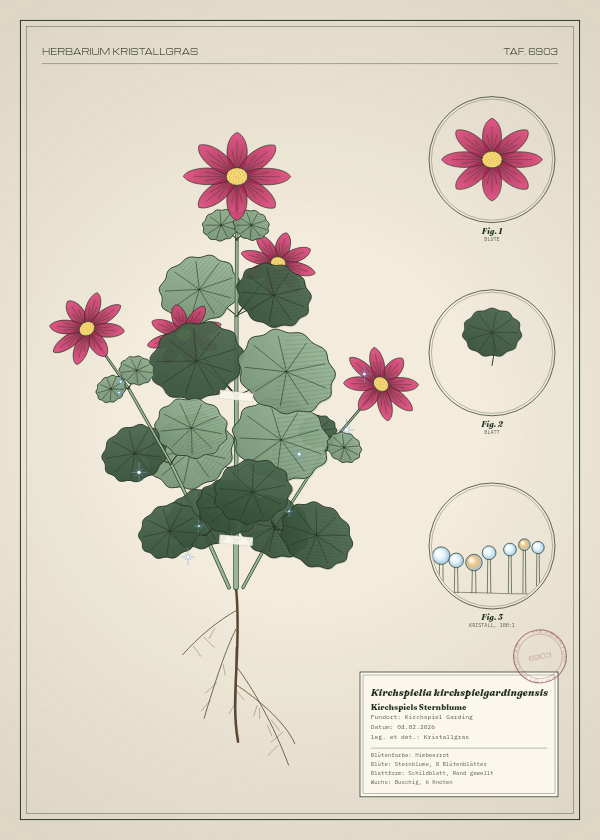 Botanische Tafel: Kirchspielia kirchspielgardingensis, eine erfundene Pflanze aus Kirchspiel Garding, gezeichnet wie in einem alten Pflanzenatlas
