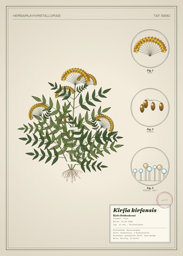 Botanische Tafel: Kirfia kirfensis, eine erfundene Pflanze aus Kirf, gezeichnet wie in einem alten Pflanzenatlas