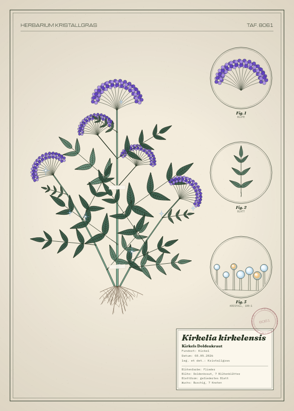 Botanische Tafel: Kirkelia kirkelensis, eine erfundene Pflanze aus Kirkel, gezeichnet wie in einem alten Pflanzenatlas
