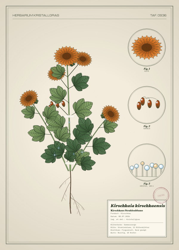 Botanische Tafel: Kirschkaia kirschkaensis, eine erfundene Pflanze aus Kirschkau, gezeichnet wie in einem alten Pflanzenatlas