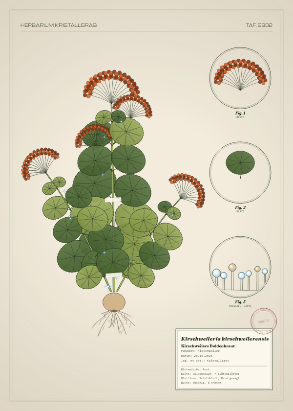 Botanische Tafel: Kirschweileria kirschweilerensis, eine erfundene Pflanze aus Kirschweiler, gezeichnet wie in einem alten Pflanzenatlas