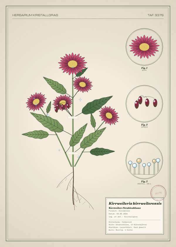 Botanische Tafel: Kirrweileria kirrweilerensis, eine erfundene Pflanze aus Kirrweiler, gezeichnet wie in einem alten Pflanzenatlas