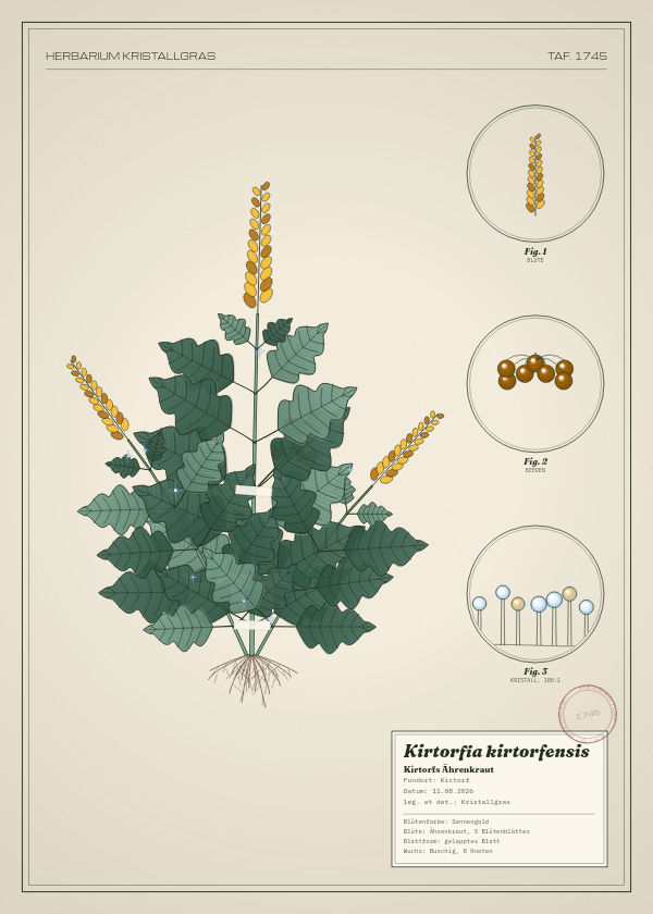Botanische Tafel: Kirtorfia kirtorfensis, eine erfundene Pflanze aus Kirtorf, gezeichnet wie in einem alten Pflanzenatlas