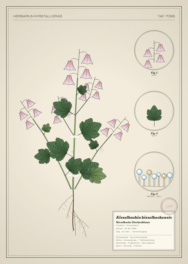 Botanische Tafel: Kisselbachia kisselbachensis, eine erfundene Pflanze aus Kisselbach, gezeichnet wie in einem alten Pflanzenatlas