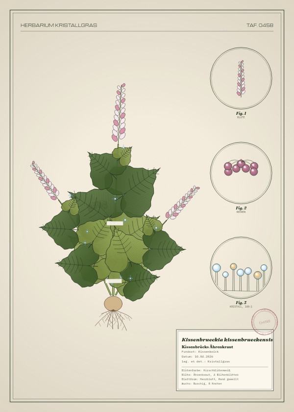 Botanische Tafel: Kissenbrueckia kissenbrueckensis, eine erfundene Pflanze aus Kissenbrück, gezeichnet wie in einem alten Pflanzenatlas