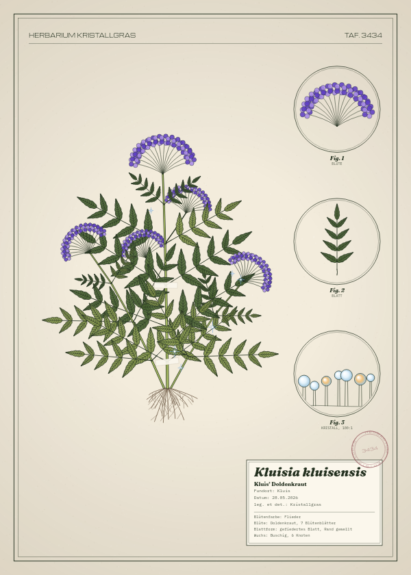 Botanische Tafel: Kluisia kluisensis, eine erfundene Pflanze aus Kluis, gezeichnet wie in einem alten Pflanzenatlas