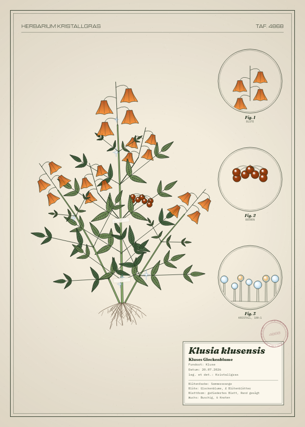Botanische Tafel: Klusia klusensis, eine erfundene Pflanze aus Kluse, gezeichnet wie in einem alten Pflanzenatlas