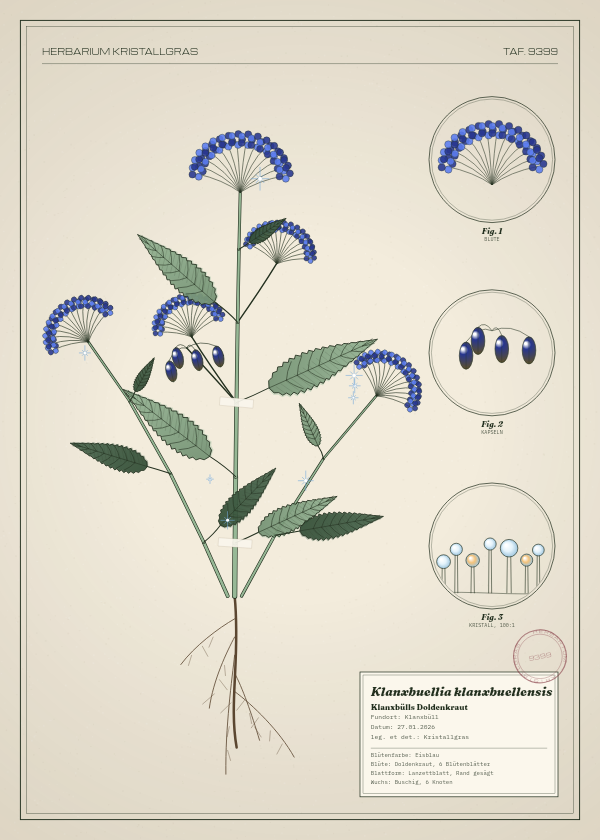 Botanische Tafel: Klanxbuellia klanxbuellensis, eine erfundene Pflanze aus Klanxbüll, gezeichnet wie in einem alten Pflanzenatlas