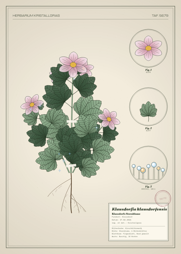 Botanische Tafel: Klausdorfia klausdorfensis, eine erfundene Pflanze aus Klausdorf, gezeichnet wie in einem alten Pflanzenatlas