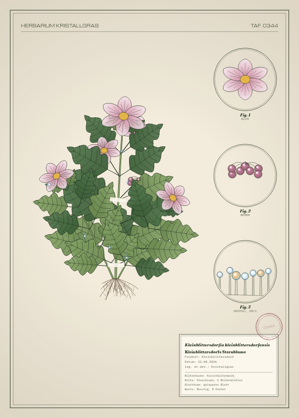 Botanische Tafel: Kleinblittersdorfia kleinblittersdorfensis, eine erfundene Pflanze aus Kleinblittersdorf, gezeichnet wie in einem alten Pflanzenatlas