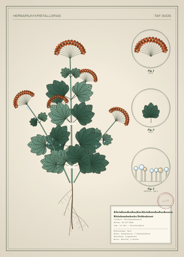 Botanische Tafel: Kleinbundenbachia kleinbundenbachensis, eine erfundene Pflanze aus Kleinbundenbach, gezeichnet wie in einem alten Pflanzenatlas