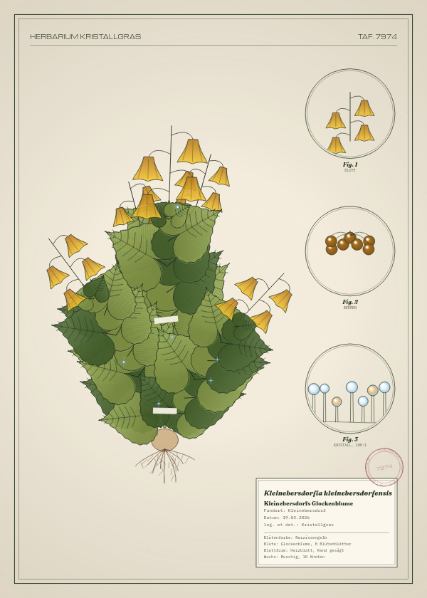 Botanische Tafel: Kleinebersdorfia kleinebersdorfensis, eine erfundene Pflanze aus Kleinebersdorf, gezeichnet wie in einem alten Pflanzenatlas