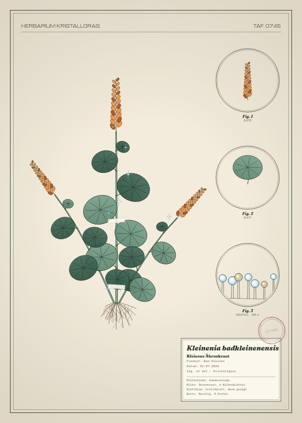 Botanische Tafel: Kleinenia badkleinenensis, eine erfundene Pflanze aus Bad Kleinen, gezeichnet wie in einem alten Pflanzenatlas