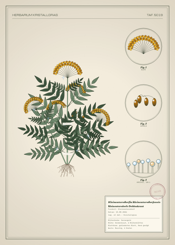 Botanische Tafel: Kleineutersdorfia kleineutersdorfensis, eine erfundene Pflanze aus Kleineutersdorf, gezeichnet wie in einem alten Pflanzenatlas