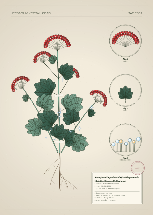 Botanische Tafel: Kleinfischlingenia kleinfischlingenensis, eine erfundene Pflanze aus Kleinfischlingen, gezeichnet wie in einem alten Pflanzenatlas