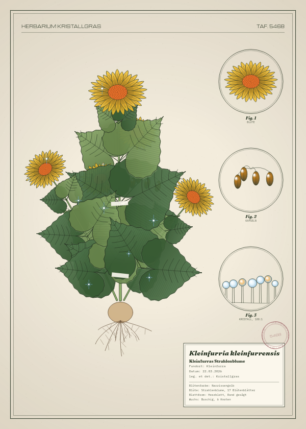 Botanische Tafel: Kleinfurria kleinfurrensis, eine erfundene Pflanze aus Kleinfurra, gezeichnet wie in einem alten Pflanzenatlas