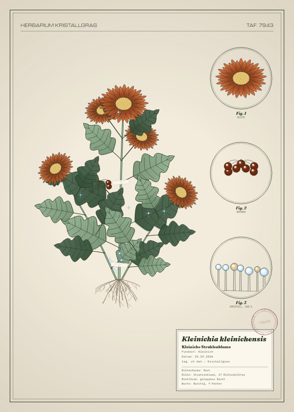 Botanische Tafel: Kleinichia kleinichensis, eine erfundene Pflanze aus Kleinich, gezeichnet wie in einem alten Pflanzenatlas