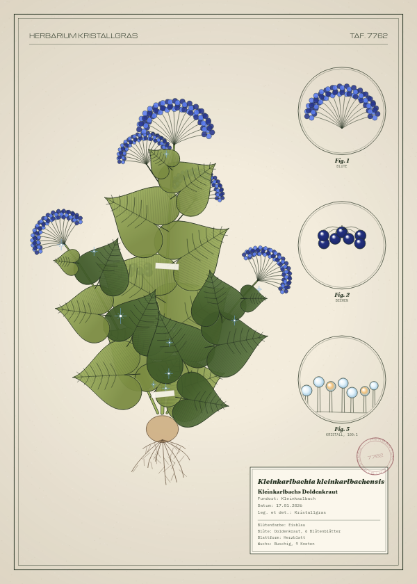 Botanische Tafel: Kleinkarlbachia kleinkarlbachensis, eine erfundene Pflanze aus Kleinkarlbach, gezeichnet wie in einem alten Pflanzenatlas