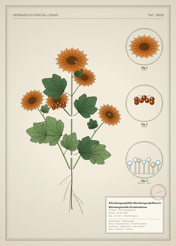 Botanische Tafel: Kleinlangenfeldia kleinlangenfeldensis, eine erfundene Pflanze aus Kleinlangenfeld, gezeichnet wie in einem alten Pflanzenatlas