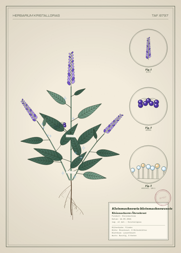 Botanische Tafel: Kleinmachnowia kleinmachnowensis, eine erfundene Pflanze aus Kleinmachnow, gezeichnet wie in einem alten Pflanzenatlas