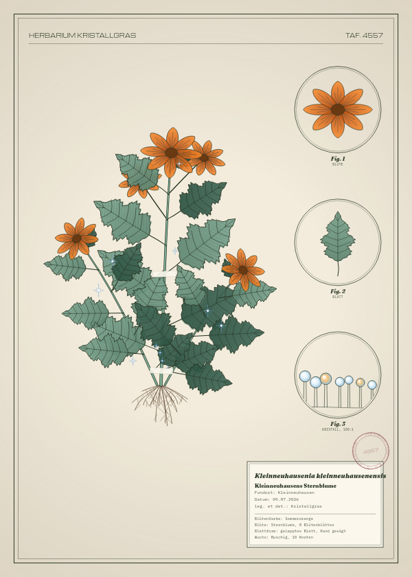 Botanische Tafel: Kleinneuhausenia kleinneuhausenensis, eine erfundene Pflanze aus Kleinneuhausen, gezeichnet wie in einem alten Pflanzenatlas