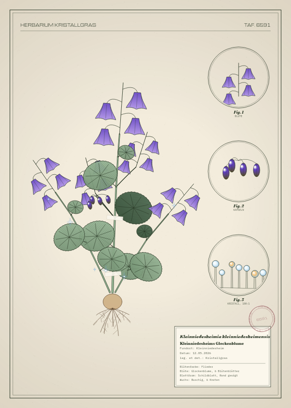 Botanische Tafel: Kleinniedesheimia kleinniedesheimensis, eine erfundene Pflanze aus Kleinniedesheim, gezeichnet wie in einem alten Pflanzenatlas