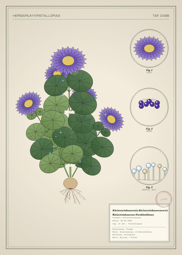 Botanische Tafel: Kleinsteinhausenia kleinsteinhausenensis, eine erfundene Pflanze aus Kleinsteinhausen, gezeichnet wie in einem alten Pflanzenatlas