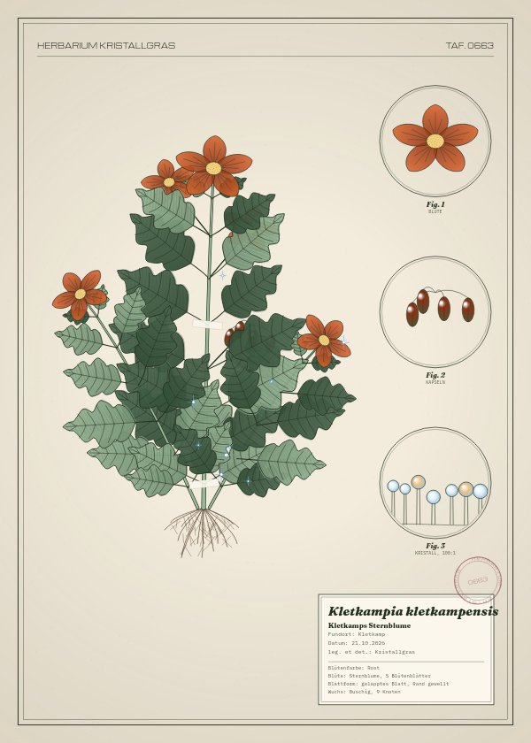 Botanische Tafel: Kletkampia kletkampensis, eine erfundene Pflanze aus Kletkamp, gezeichnet wie in einem alten Pflanzenatlas