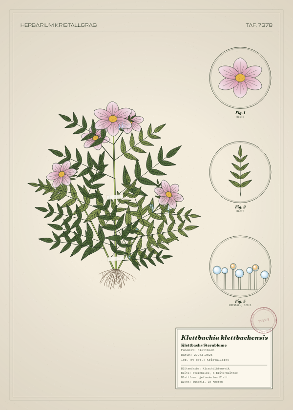 Botanische Tafel: Klettbachia klettbachensis, eine erfundene Pflanze aus Klettbach, gezeichnet wie in einem alten Pflanzenatlas