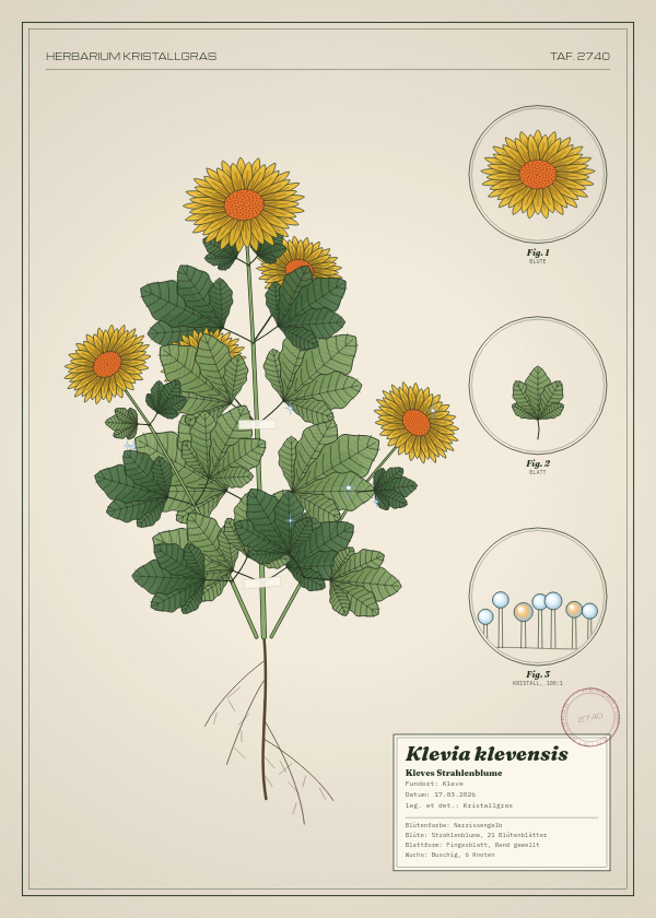 Botanische Tafel: Klevia klevensis, eine erfundene Pflanze aus Kleve, gezeichnet wie in einem alten Pflanzenatlas