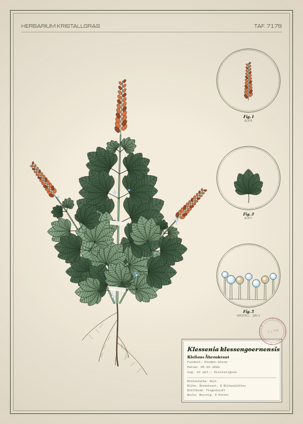 Botanische Tafel: Klessenia klessengoernensis, eine erfundene Pflanze aus Kleßen-Görne, gezeichnet wie in einem alten Pflanzenatlas