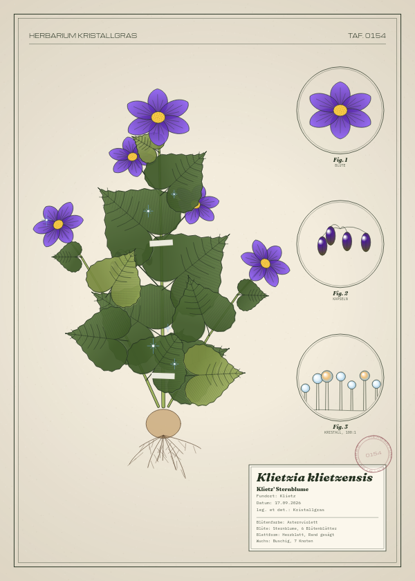 Botanische Tafel: Klietzia klietzensis, eine erfundene Pflanze aus Klietz, gezeichnet wie in einem alten Pflanzenatlas