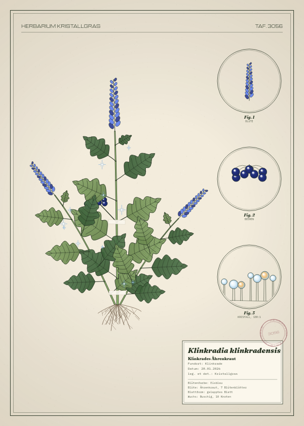 Botanische Tafel: Klinkradia klinkradensis, eine erfundene Pflanze aus Klinkrade, gezeichnet wie in einem alten Pflanzenatlas