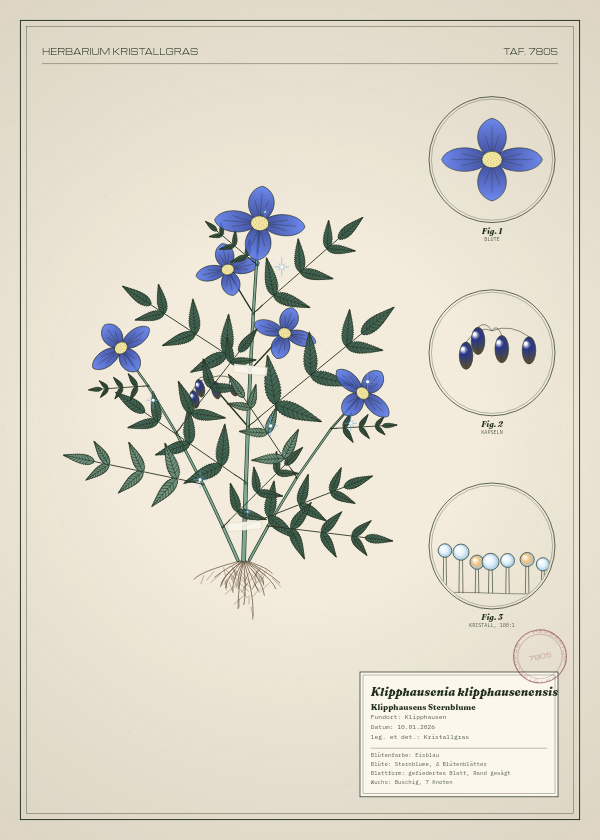 Botanische Tafel: Klipphausenia klipphausenensis, eine erfundene Pflanze aus Klipphausen, gezeichnet wie in einem alten Pflanzenatlas